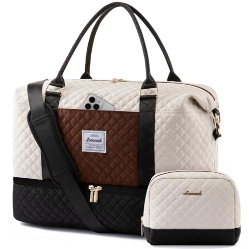 LOVEVOOK Travel Duffle Bag,Weekender Bags for Women with Shoe Compartment - color: Black＆white＆brown-a, size: Large-2 Pcs