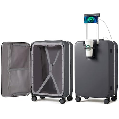 mixi Large Checked Luggage with Cup Phone Holder and Charger Hard Shell Suitcases with Spinner Wheels, 26 Inch Rock Gray - color: Rock gray, size: 26-inch