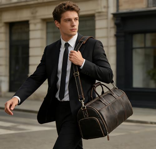 Men's Full Grain Leather Carry On Garment Duffle Suit Travel Bag - color: Dark Brown