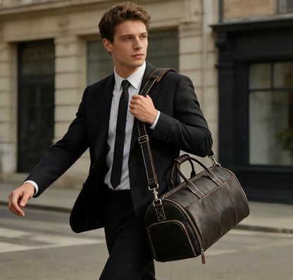 Men's Full Grain Leather Carry On Garment Duffle Suit Travel Bag - color: Dark Brown