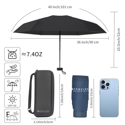 Compact Mini Windproof Travel Umbrella-UPF 50+ Sun & Rain Protection, Small Folding Design Fits in Pocket or Purse, Lightweight Portable with Case for Women, Men & Kids - color: Black+Navy Blue