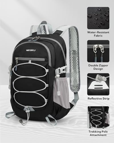 WATERFLY Small Lightweight Packable Backpack, Mini Foldable Travel Daypack - color: Black