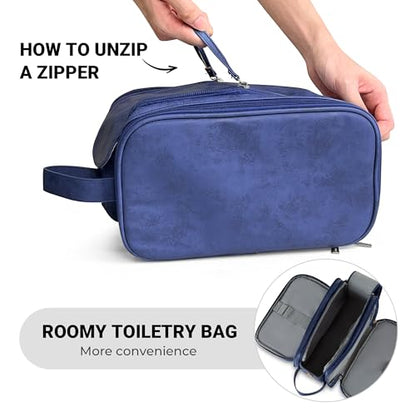 Elviros Toiletry Bag for Men PU Leather Shaving Dopp Kit (Large, Blue) - color: Blue, size: Large (Pack of 1)