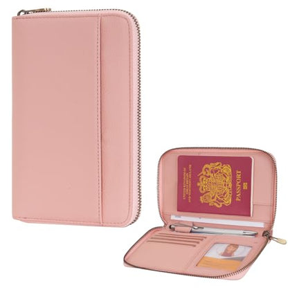 Leather Zipper Passport Wallet Holder Travel Essentials with RFID Blocking - color: Pink
