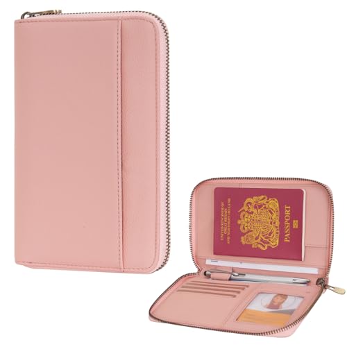 Leather Zipper Passport Wallet Holder Travel Essentials with RFID Blocking - color: Pink