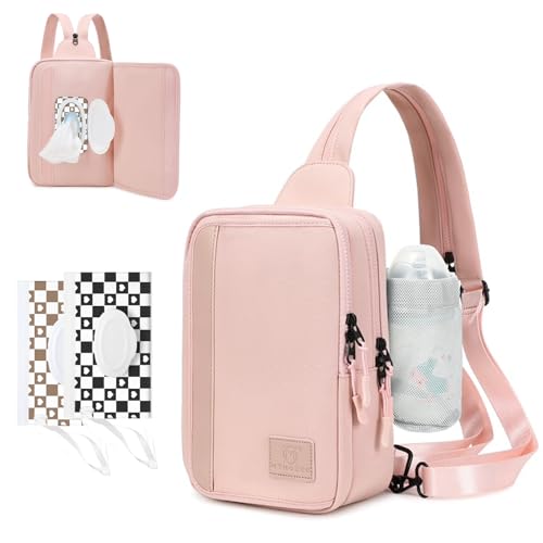 MYHOZEE Sling Bag Crossbody Backpack Purse - 2 in 1 Nylon Cross Body Bag Diaper with Wipes Pouch, Water Bottle Pocket - color: Pink