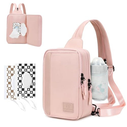 MYHOZEE Sling Bag Crossbody Backpack Purse - 2 in 1 Nylon Cross Body Bag Diaper with Wipes Pouch, Water Bottle Pocket - color: Pink