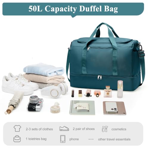 Large Travel Duffel Bag with Shoe Compartment, Weekender Bags for Women - color: A-Peacock Blue, size: Large
