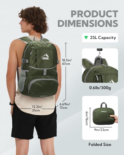 WATERFLY Small Lightweight Packable Hiking Backpack Foldable Travel Daypack - color: H-green, size: 25L