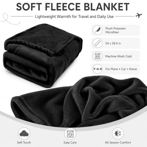 Travel Blanket and Pillow Set - Hooded Neck Pillow Airplane Essential Black - color: Black