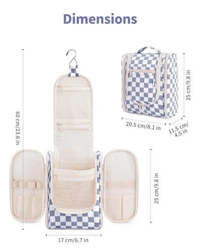Narwey Hanging Travel Toiletry Bag for Women, Makeup Cosmetic Bag - color: C-Grayish Blue Checkerboard, size: Medium