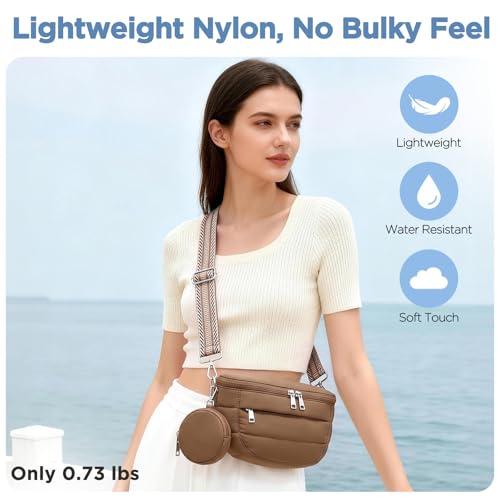 Crossbody Bum Bag for Women, Lightweight Puffy Purse Travel Coffee - color: Coffee Brown
