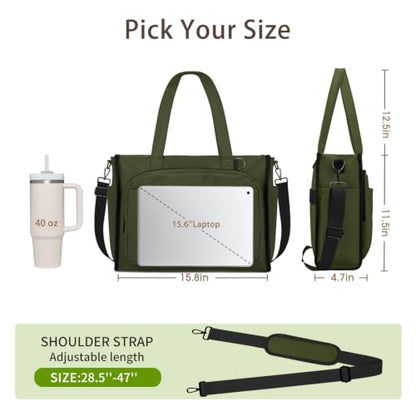 oscaurt Work Tote Bag for Women, 18 Pocket Laptop Tote, 15.6" Compartment - color: Army Green