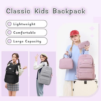Bansusu 3Pcs Pink Kids Backpack and Lunch Bag Set for Girls, Solid Color School Bag Backpack with Lunchbox, Pink - color: 3pcs-pink