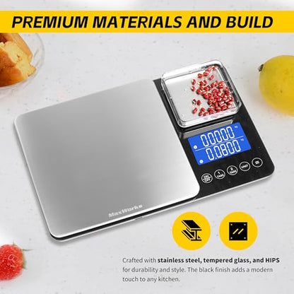 MaxWorks Precision Dual Platform Kitchen Scale Measure Bulk and Fine Ingredients Simultaneously 22 lb Max Capacity Stainless Steel and Glass Digital Scale with USB Charging and 2 Way Power (51069) - size: 22 Lb Capacity
