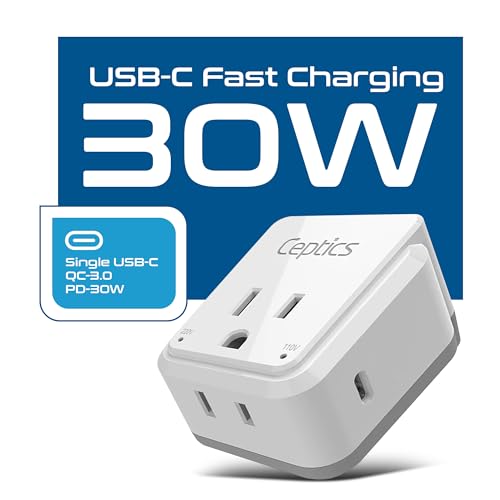 Ceptics European Plug Adapter, Safe USB-C 30W PD & QC 3.0-2 USA Socket - Compact & Powerful - Use in Greece, Italy, Switzerland, Turkey, Portugal - Includes Type C Swadapt Attachment - style: Type C - 30W USB-C