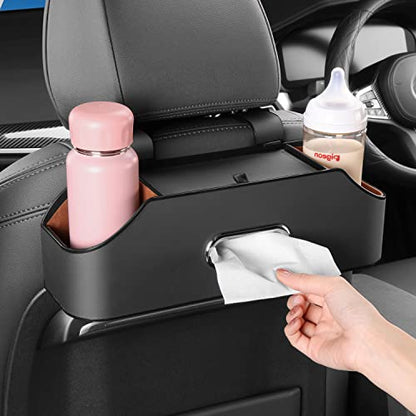 Car Seat Back Organizer with Cup Holders, Tissue Box & Hooks, Black - color: Black