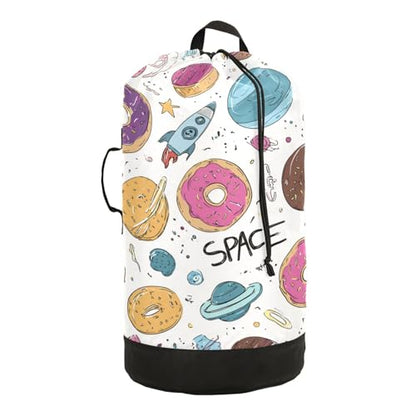 Cute White Donuts Planets Rockets Laundry Backpack Bag with Adjustable Shoulder Straps Handle Dirty Laundry Hamper Bag for Traveling Camp College Dorm Heavy Duty Waterproof Large Capacity - color: Cute White Donuts Planets Rockets