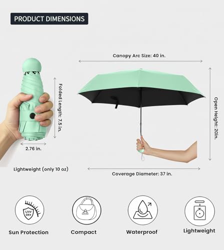 Mini Umbrella for Purse with Case, Sturdy Travel Essentials, UV Sun Protection Lightweight Compact Manual Open Close, Tiny Pocket Fits Purse Backpack, Women Kids Men - color: Light Green