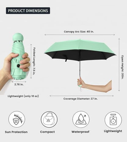Mini Umbrella for Purse with Case, Sturdy Travel Essentials, UV Sun Protection Lightweight Compact Manual Open Close, Tiny Pocket Fits Purse Backpack, Women Kids Men - color: Light Green