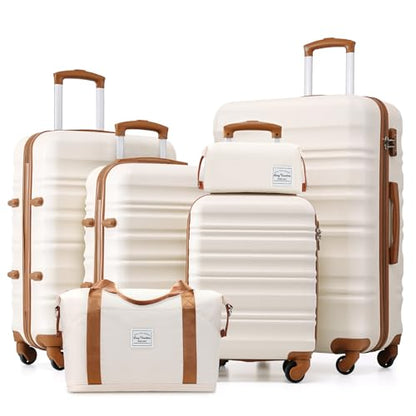 LONG VACATION Luggage Sets, 6 Piece, Hardshell Suitcase with Spinner Wheels - color: BEIGE-BROWN, size: 6-Piece Set