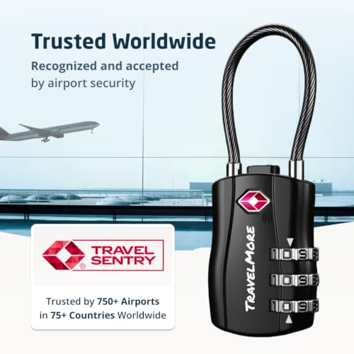 TravelMore TSA Approved Luggage Locks, Travel Combination Cable Locks - color: Black, size: 2 Pack