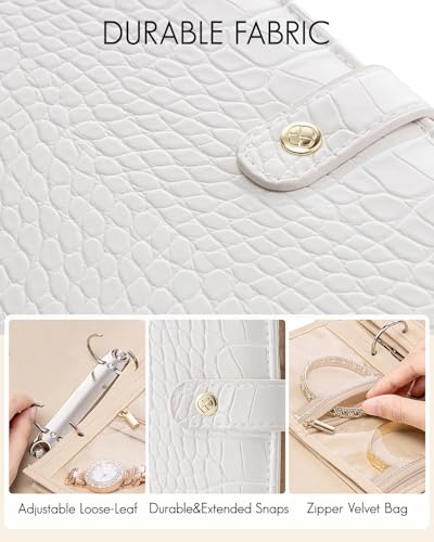 VLANDO Travel Jewelry Organizer,Loose-Leaf with Clear Velvet Pouches,White - color: 07.White-Crocodile