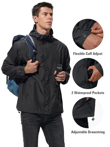 UIQUR Mens Lightweight Packable Waterproof Rain Jacket Windbreaker - color: Black, size: Medium