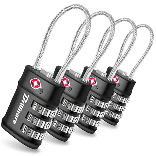 4 Pack TSA Approved Luggage Locks, Combination Travel Cable Lock, 3-Digit Waterproof Padlock, Zinc Alloy Outdoor Keyless Resettable Lock for Travel, Lockers, Bags, Backpack, Gym, Gate-by BRILLIRARE - color: 4 Pack