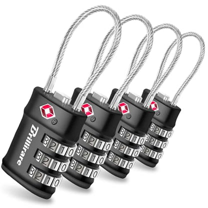 4 Pack TSA Approved Luggage Locks, Combination Travel Cable Lock, 3-Digit Waterproof Padlock, Zinc Alloy Outdoor Keyless Resettable Lock for Travel, Lockers, Bags, Backpack, Gym, Gate-by BRILLIRARE - color: 4 Pack