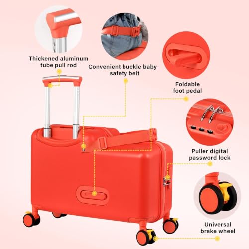 20in Rideable Suitcase with Wheels, Kids Suitcase Travel Carrier Cabin Case - color: Cuckoo red