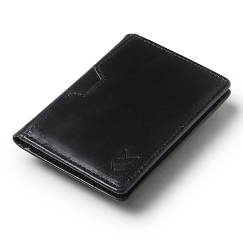 FOXHACKLE Full Grain Leather Credit Card Holder for Men and Women, Slim Bifold RFID Blocking Wallet, Thin Front Pocket Minimalist Wallet, Small Card Case. - color: Black
