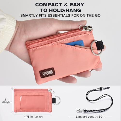 RFID 차단 여행용 지갑, 조절 가능한 랜야드 포함, 작은 나일론 지퍼 파우치 및 신분증, 신용 카드, 현금, 열쇠, 통근자용 배지 홀더, 코럴 블러쉬, 끈이 달린 RFID 차단 여행용 지갑 - color: 코럴 블러쉬