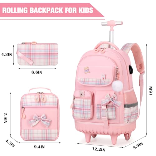 ACESAK Rolling Bow Backpack for Girls with Lunch Bag & Pencil Pouch - color: Pink