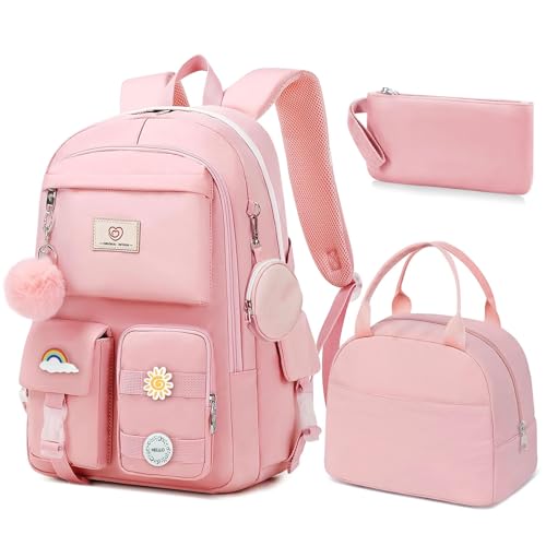 School Backpack For Girls - 6pcs Cute Girls Backpack With Lunch Box Set For Teens Women College Middle High School - 18″ School Bookbag Travel Back Pack - color: Pink-backpack Set
