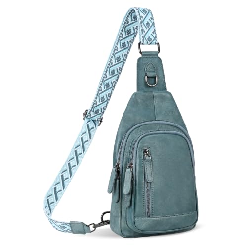 HESHE Leather Sling Bag for Women RFID Crossbody Purse Fanny Pack Chest Bag - color: Light Blue