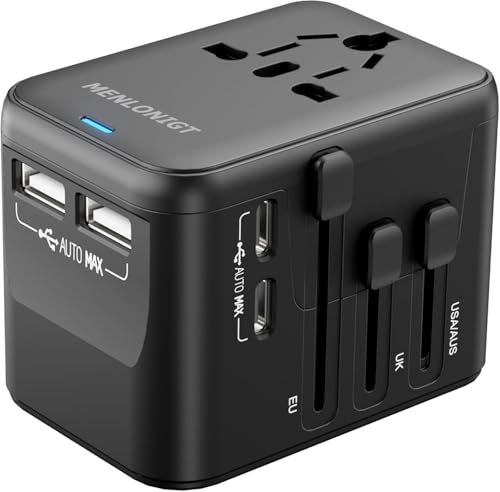 Universal Travel Adapter, International Power Plug with 2 USB-C & 2 USB-A Ports, Worldwide Wall Charger for Europe, UK, US, AU, Fast Charging for iPhone 15/Pro, Samsung (Black)