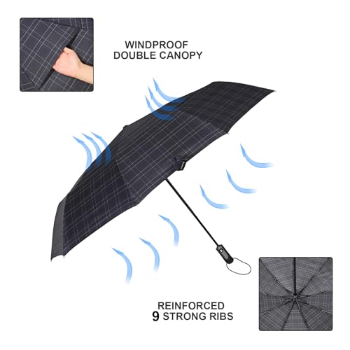 54 inch Large Compact Travel Umbrella 3 Folding Umbrellas for Rain Oversized Auto Open Close Foldable Vented Double Windproof Telescopic 9 Ribs Sturdy Large Size - color: Checked(293)