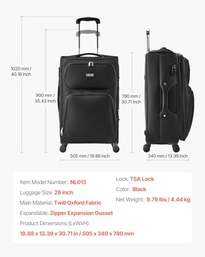 VEVOR Softside Expandable Luggage with Spinner Wheels, 28-Inch Softside Checked Large Luggage, Lightweight Checked Suitcase with Expandable Zippered Pocket and TSA Lock, Black - size: 28-Inch Black