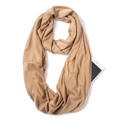 elzama Infinity Loop Solid Color Scarf With Hidden Zipper Pocket For Women - Lightweight Travel Neck Wrap - color: 10-camel