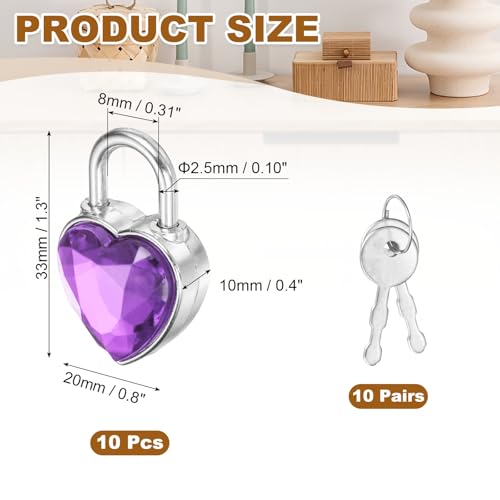 PATIKIL 10Pcs Mini Diary Padlock Small Metal Heart Shaped Lock w 2 Keys - color: Purple