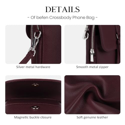 befen Genuine Leather Small Crossbody Bags for Women Cell Phone Purse - color: Burgundy Red