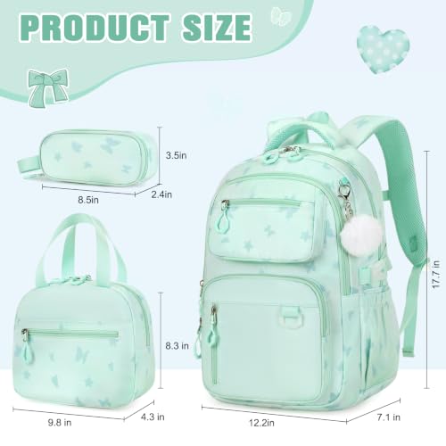 Bevalsa Backpack for Girls Backpack for School with Lunch Bag Pencil Case - color: Green Butterfly