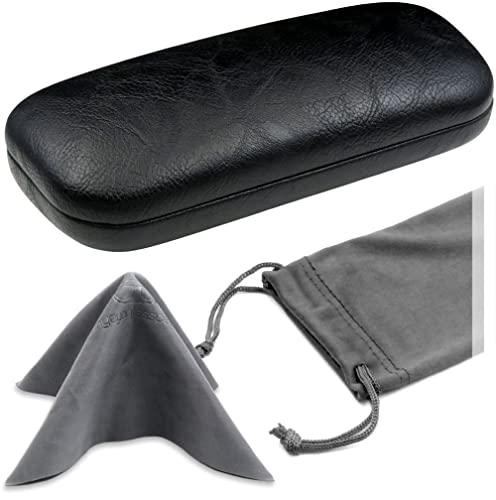 MyEyeglassCase Women's Hard Eyeglass Case | Protective Hard Shell Glasses Case with Pouch and Cloth - color: Black Distressed