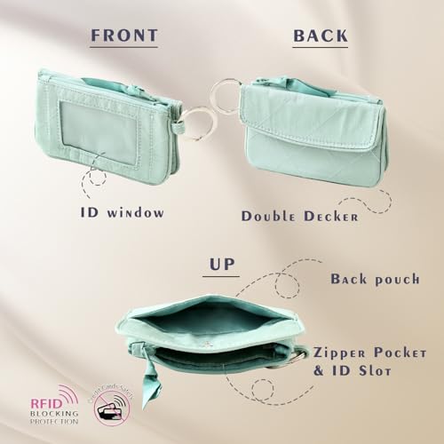 Card Holder, RFID Blocking, ID Holder with Lanyard for Men and Women, Dual Pockets, Badge Holder, Lanyard Wallet, Fabric Keychain ID Pouch, Green - color: Dual-mint