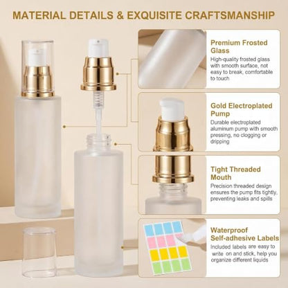 3Pcs 1oz Clear Frosted Glass Lotion Pump Bottles with Stickers - size: 30ML/1oz