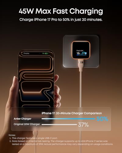 Anker Nano Smart Display Charger, 45W Max Fast Charger USB C for iPhone 17 - color: Black