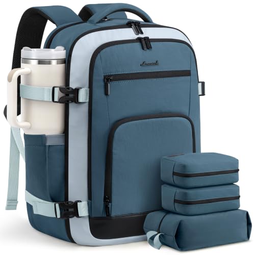 LOVEVOOK Travel Backpack for Women, 50L Carry On Backpack Flight Approved - color: Lake Blue-light Blue-black, size: 50l-18 Inch-4pcs Standard