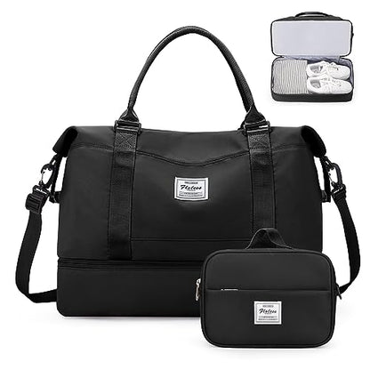 Weekender Bags for Women, Personal Item Travel Bag with Shoes Compartment - color: Black, size: Large