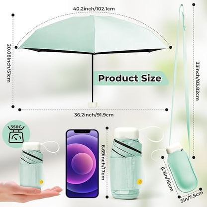 Mini Travel Folding Umbrella - Small Compact Sun Retractable Umbrella with Case, Lightweight Portable UPF 50+ Rain UV Protection Windproof Parasol for Pocket Backpack Women Girls Lady - color: Green